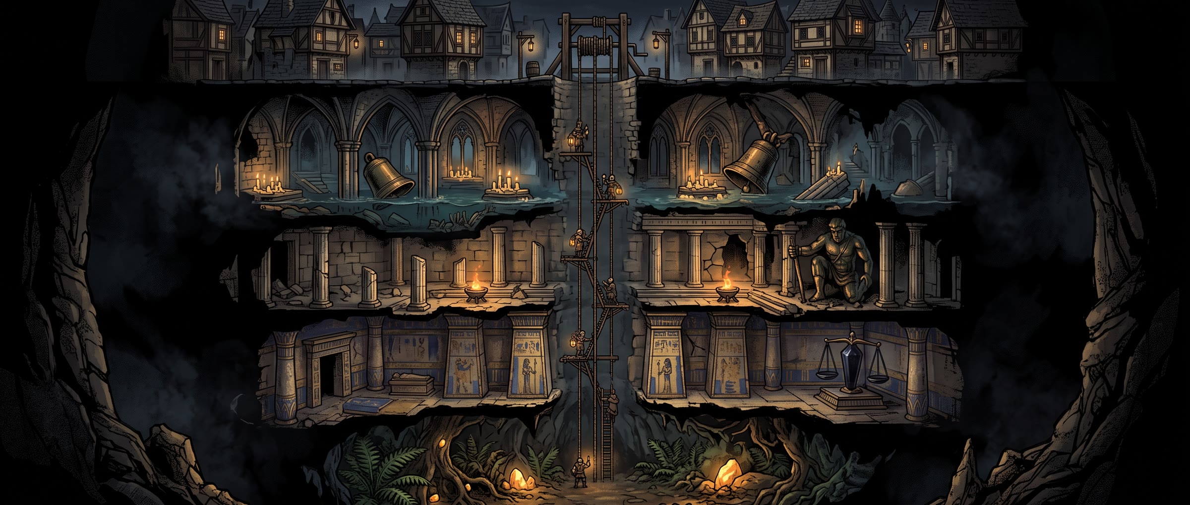 Cross-section of the Pit beneath the town: a drowned cathedral, a bronze temple, a lapis-and-gold tomb, and a primeval fern cavern at the bottom.