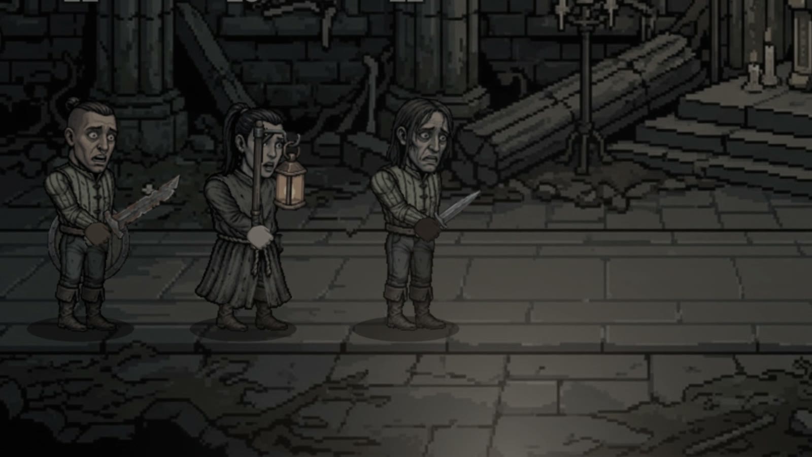 A delver lies fallen on the cathedral floor while two companions stand over them, colour drained.