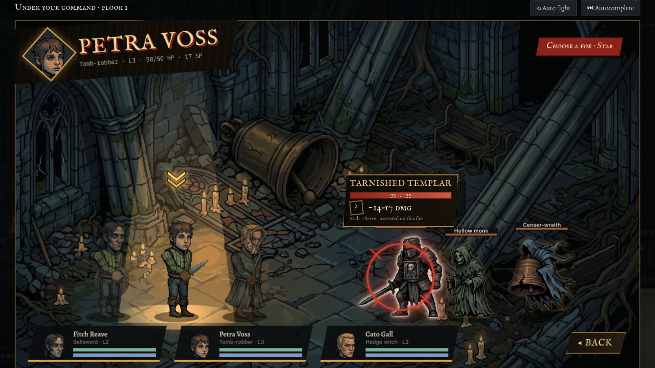 A commanded fight in the Sunken Cathedral: it is Petra Voss's turn, Stab is chosen and the crosshair is on a Tarnished Templar, showing an estimated 14–17 damage.